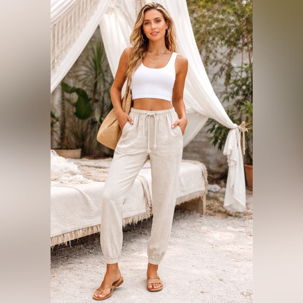 Adika Cotton Jogger Ivory Pants Women's Size S Elastic & Drawstring  NWOT